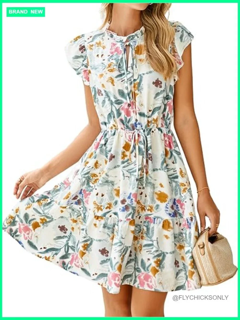 Viscose Polyamide Modal Lyocell Ruffle Sleeve V-Neck A-Line Mini Dress with